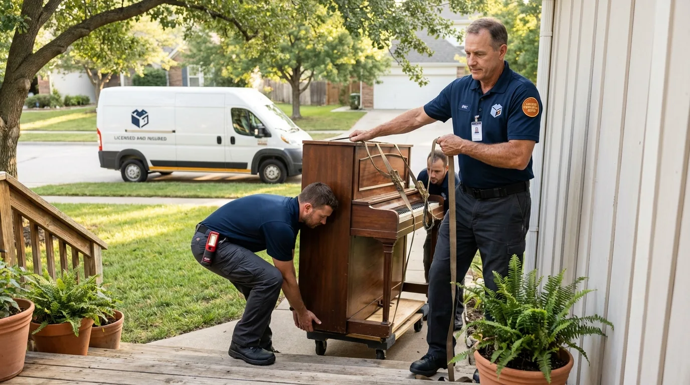 Licensed piano movers securing grand piano in Lugoff, SC