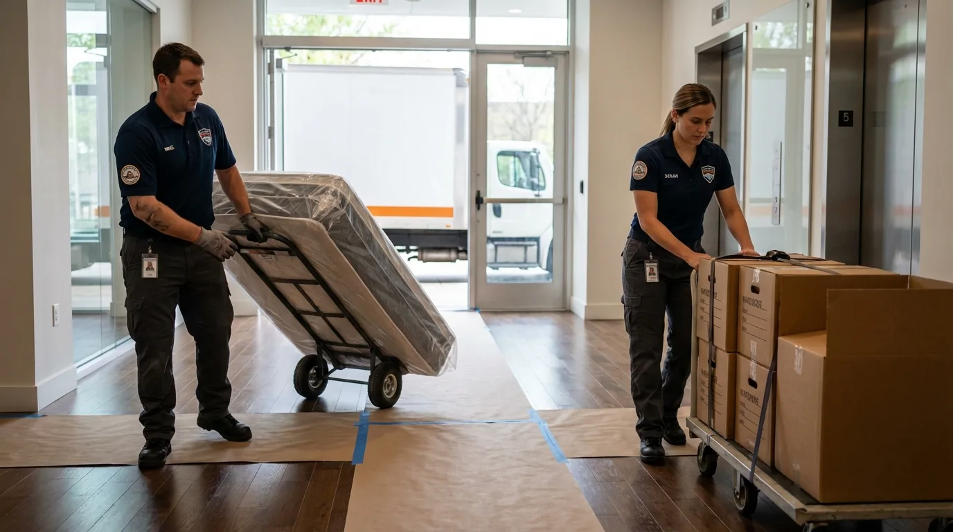 Professional apartment movers loading elevator in Lugoff, SC