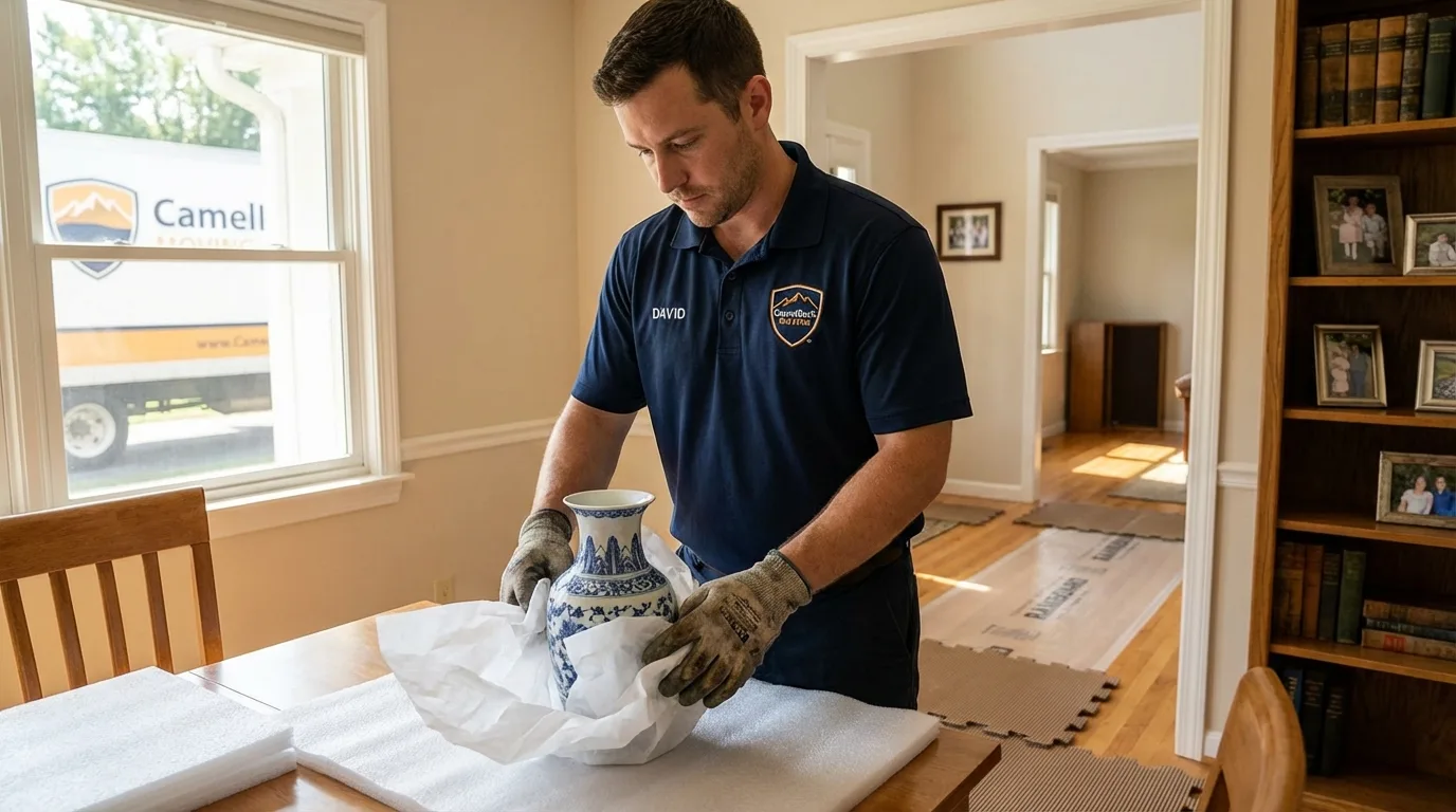 Professional crew carefully wrapping antique vase for senior downsizing move in Lugoff, SC